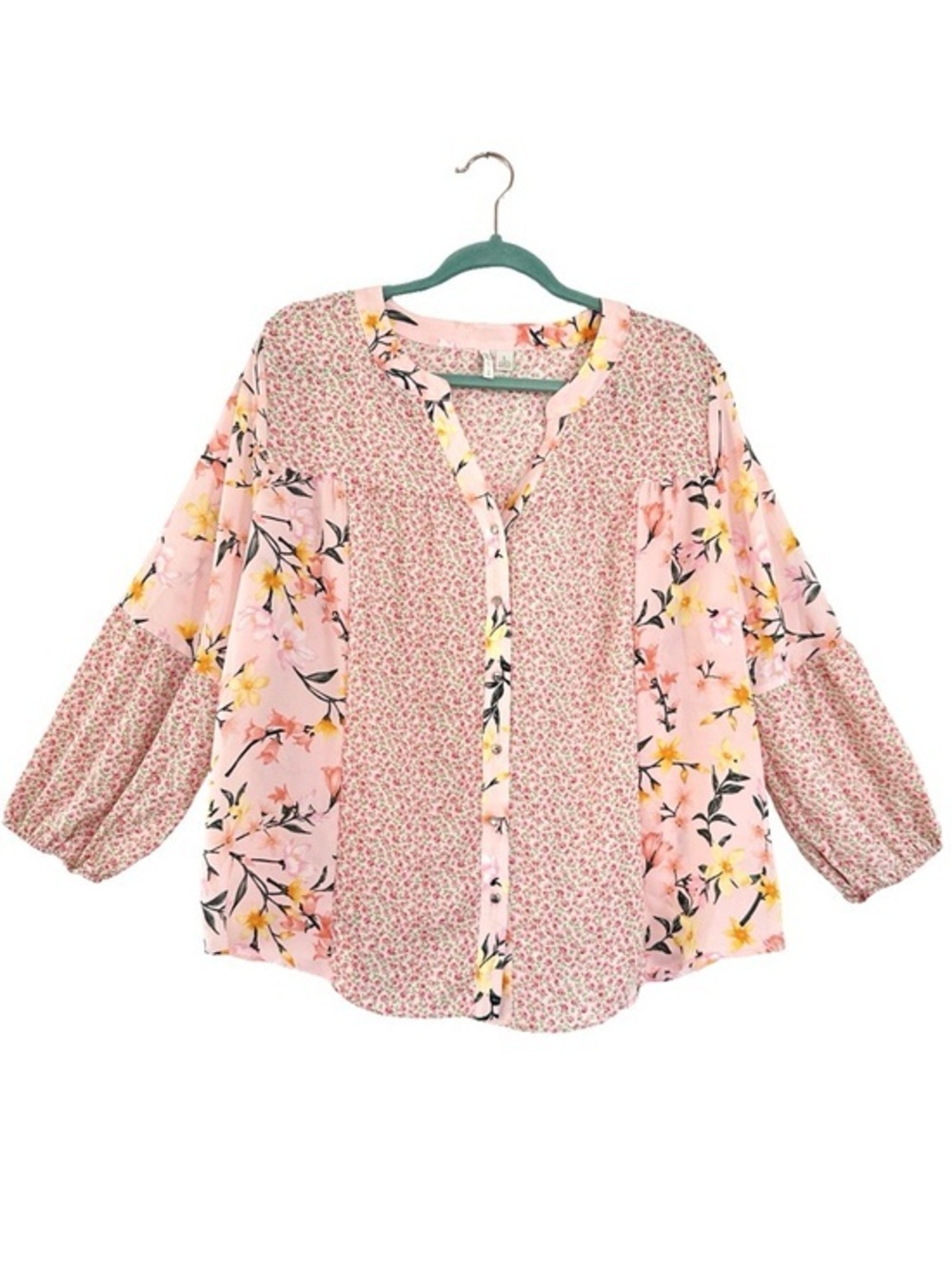 Cato Floral Patchwork Blouse Button Peasant Top Boho Fairy Romantic Flowy Pink L